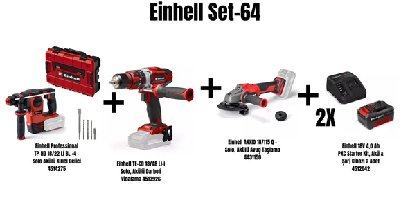Einhell Set-64(TP-HD 18/22 Li BL Akülü Kırıcı Delici+ TE-CD 18/48 Li-i Akülü Darbeli Vidalama+ AXXIO 18/115 Q Akülü Avuç Taşlama+2x18V 4,0 Ah PXC Starter Kit, Akü & Şarj Cihazı) ürün görseli 1