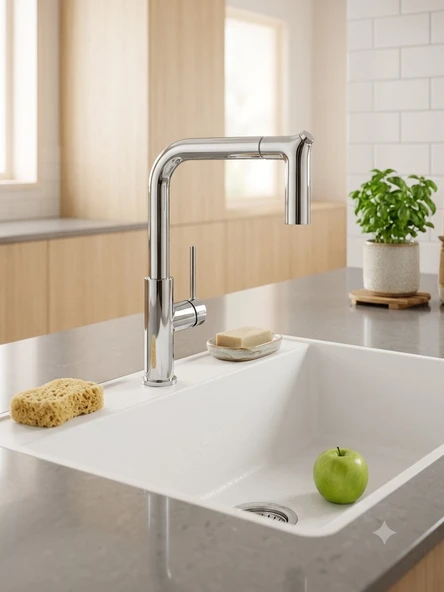 BANYO NATURAL NARVİ KROM SPİRALLİ EVYE BATARYASI (B-022) ürün görseli 1
