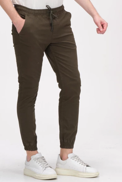 Erkek Slim Fit Paçası ve Beli Lastikli Pamuklu Jogger Pantolon - Resim 3