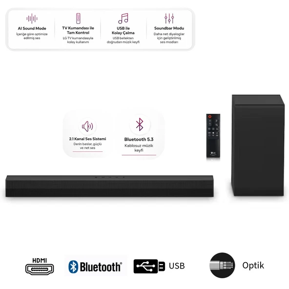 LG Bluetooth 5.3+HDMI ARC+Optik +USB Bağlantılı Soundbar & Ev Sienama Sistemi, 300W 2.1 kanallı ses ve subwoofer ses, Dolby Audio desteği ürün görseli 1