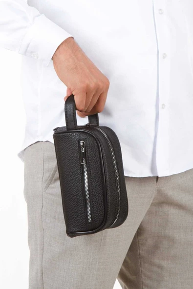 NP- 2213 Mini Erkek Vegan Deri Portföy Clutch Traş Kozmetik Bakım ve Günlük El Çantası SİYAH ürün görseli 1