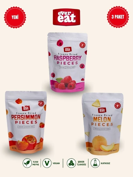 Evereat Frambuaz-Cennet Hurması-Kavun Freeze Dry Meyve Cipsi 3'lü Paket Doğal Atıştırmalık ürün görseli 1