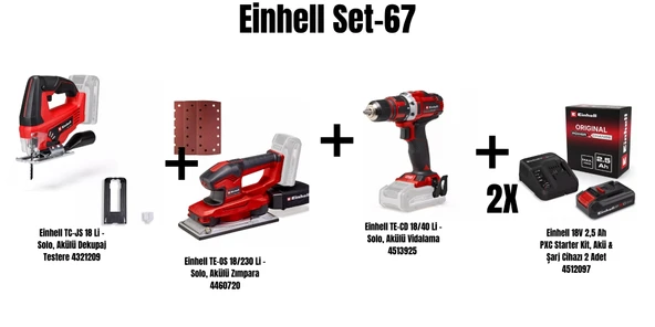 Einhell Set-67(Einhell Akülü Dekupaj Testere+Akülü Zımpara+Akülü Vidalama+2x18V 2,5 Ah Akü & Şarj Cihazı) ürün görseli 1