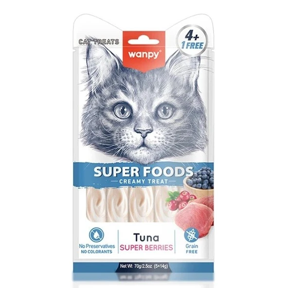 Wanpy Superfood Ton Balıklı, Yaban Mersini & Kızılcıklı Sıvı Kedi Ödül Maması 5x14 gr ürün görseli 1