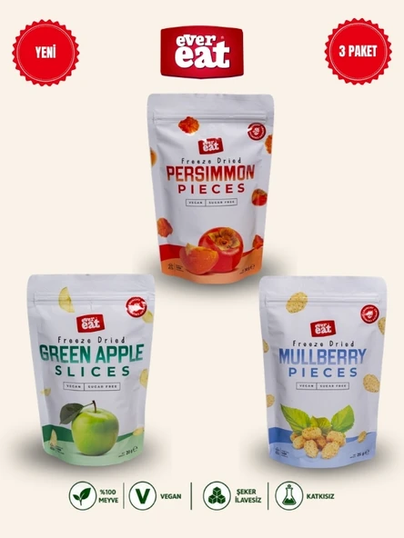 Evereat Cennet Hurması-Elma-Dut Freeze Dry Meyve Cipsi 3'lü Paket Doğal Atıştırmalık ürün görseli 1