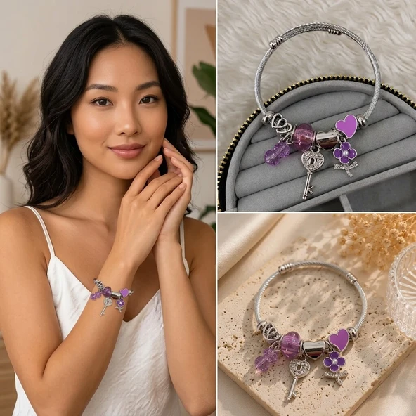 ? Premium Mor Kalp ve Anahtar Charm Detaylı Gümüş Renk Kadın Charm Bijuteri Bileklik (20cm) ürün görseli 1