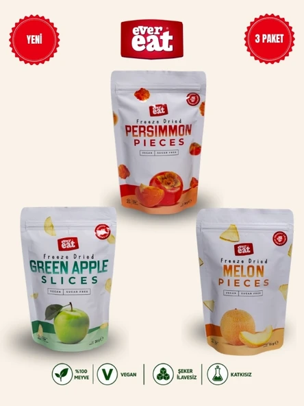 Evereat Cennet Hurması-Elma-Kavun Freeze Dry Meyve Cipsi 3'lü Paket Doğal Atıştırmalık ürün görseli 1