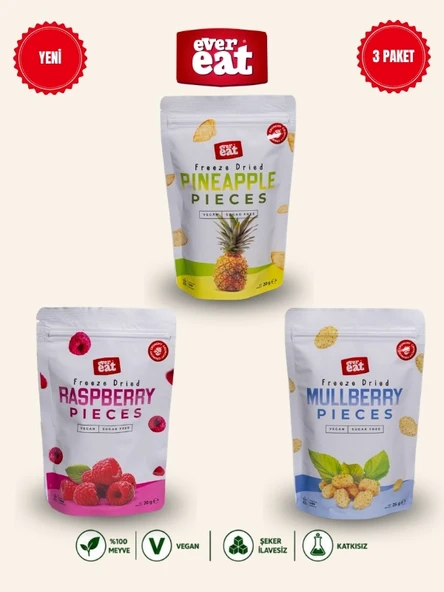 Evereat Ananas-Frambuaz-Dut Freeze Dry Meyve Cipsi 3'lü Paket Gurme Atıştırmalık ürün görseli 1