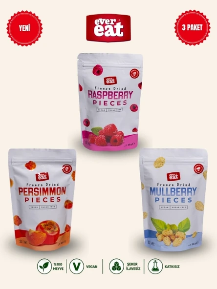 Evereat Frambuaz-Cennet Hurması-Dut Freeze Dry Meyve Cipsi 3'lü Paket Doğal Atıştırmalık ürün görseli 1