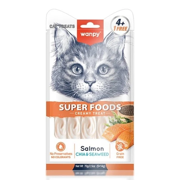 Wanpy Superfood Somonlu, Chia & Deniz Yosunlu Sıvı Kedi Ödül Maması 5x14 gr ürün görseli 1