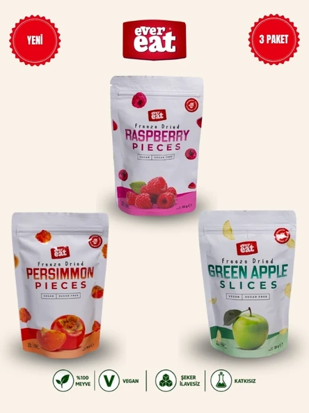 Evereat Frambuaz-Cennet Hurması-Elma Freeze Dry Meyve Cipsi 3'lü Paket Doğal Atıştırmalık ürün görseli 1