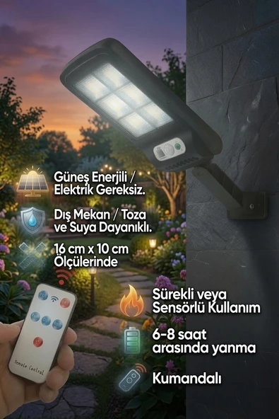 Solar Enerjili COB LED Bahçe Duvar Lambası Kumandalı Hareket Sensörlü Dış Mekan Aydınlatma IP65 Su Geçirmez ürün görseli 1