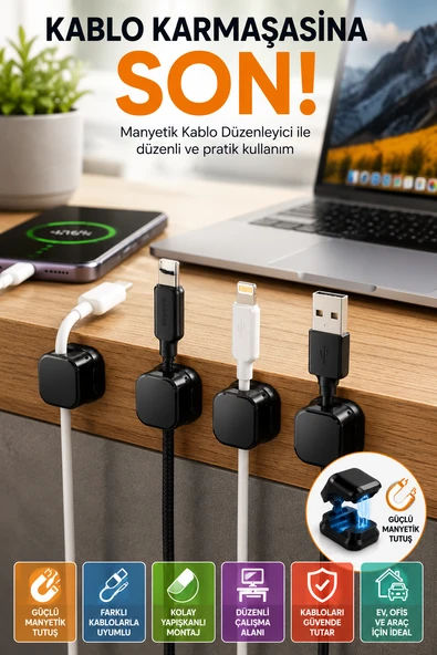 Manyetik Kablo Düzenleyici Kablo Tutucu 6'lı Set Yapışkanlı Kablo Sabitleyici Masa Kablo Düzeni ürün görseli 1