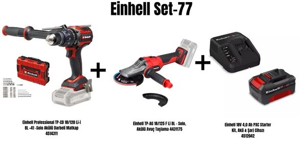 Einehll Set-77(Einhell Professional TP-CD 18/120 Li-i BL Akülü Darbeli Matkap+Einhell TP-AG 18/125 F Li BL Akülü Avuç Taşlama+Einhell 18V 4,0 Ah PXC Starter Kit, Akü & Şarj Cihazı) ürün görseli 1