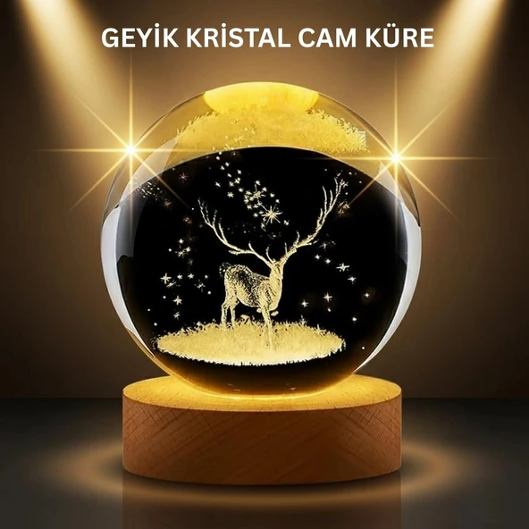 Led Işıklı Geyikli Kristal Küre Ahşap Standlı Modern Dekor Lamba ürün görseli 1