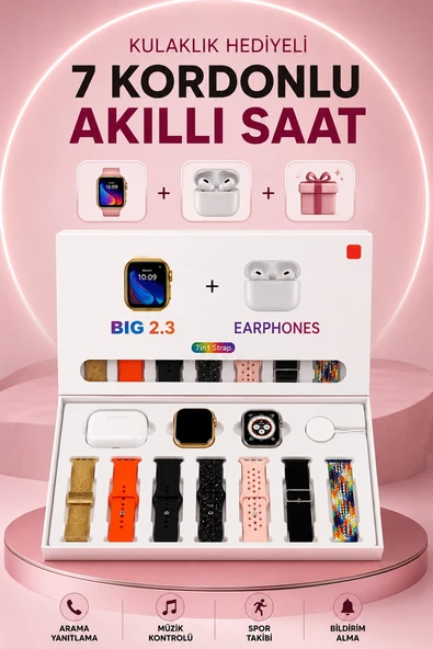 Akıllı Saat Bluetooth Kulaklık Hediyeli Bildirim Görme Sesli Görüşme Çoklu Kordon ürün görseli 1