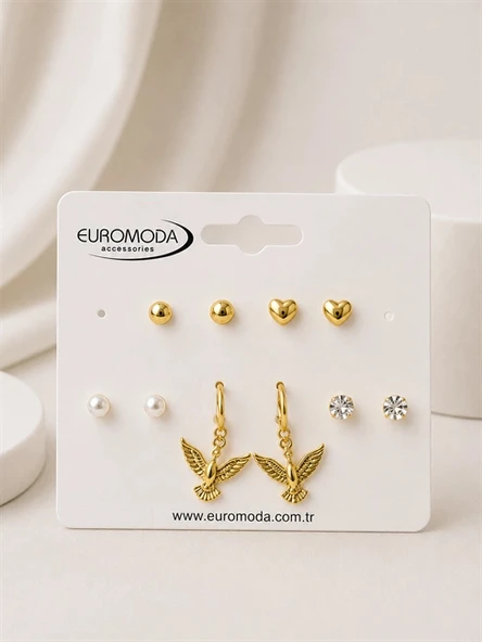 Kuş Kalp Detaylı Gold Renk 5''li Küpe Seti ürün görseli 1