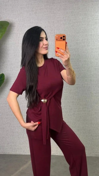 Kadın Kısa Kollu Bisiklet Yaka Yandan Toka Detaylı Viskon Iki Iplik Bluz Ve Pantolon Ikili Takım ürün görseli 1