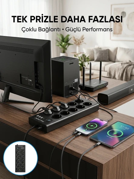 10 Prizli Usb Destekli Çoklu Priz Type-C Şarj Girişli Güvenli Güç Ünitesi ürün görseli 1