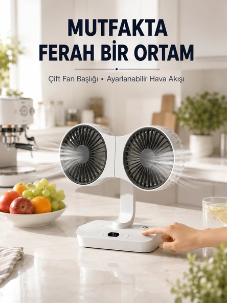 Ayarlanabilir Çift Fan Başlıklı Şarjlı Masa Vantilatörü ürün görseli 1