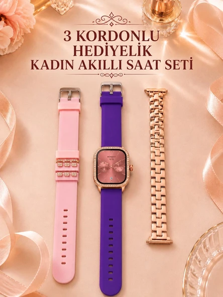 3 Kordonlu Gold Kasalı Kadın Akıllı Saat Seti ürün görseli 1
