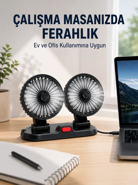 Araç Ev Kullanımına Uygun Çift Başlıklı Masaüstü Vantilatör ürün görseli 1