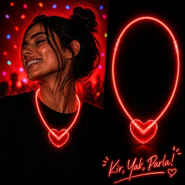 Neon Işıklı Fosforlu Kalp Parti Kolyesi Kırmızı Renk ürün görseli 1