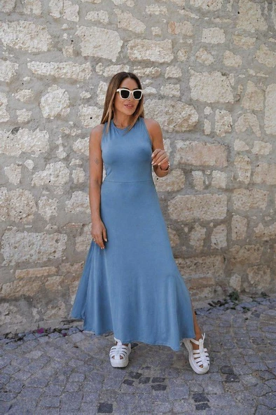 Kadın Arkadan çapraz Detay Yuvarlak Yaka Maksi Viskon Elbise ürün görseli 1