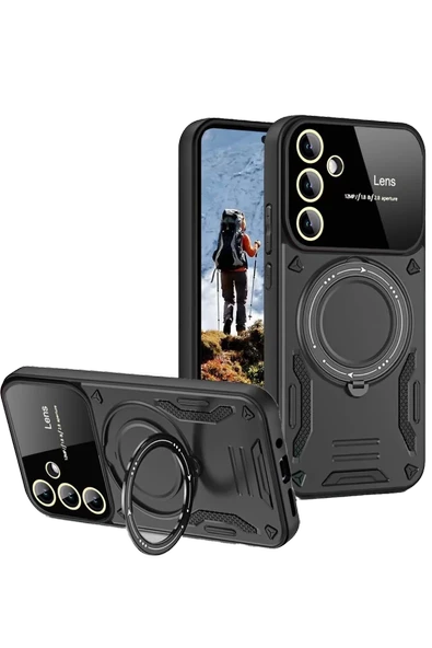 Newface Samsung Galaxy S24 FE Kılıf Joy Lens Standlı Kapak - Siyah ürün görseli 1