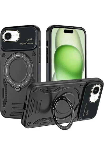 Newface Apple iPhone 16E Kılıf Joy Lens Standlı Kapak - Siyah ürün görseli 1
