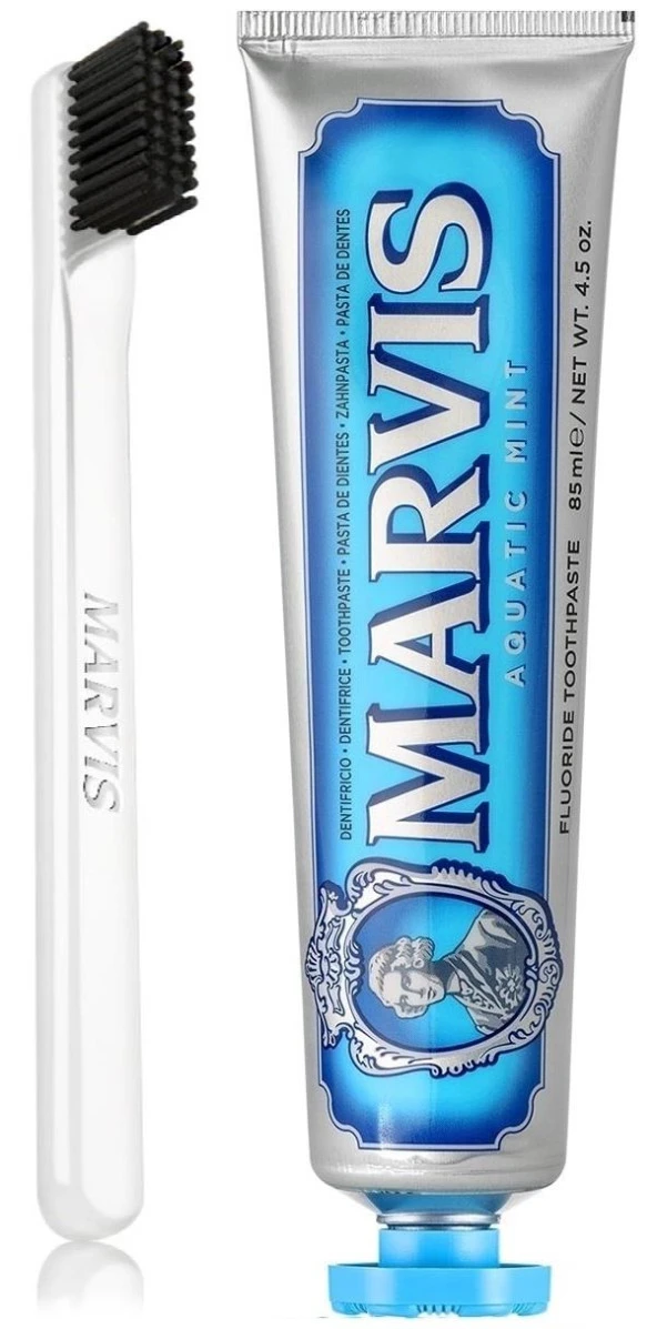 Marvis Aqua Mint Beyazlatıcı Diş Macunu 85 ml ve Marvis White Soft Diş Fırçası ürün görseli 1