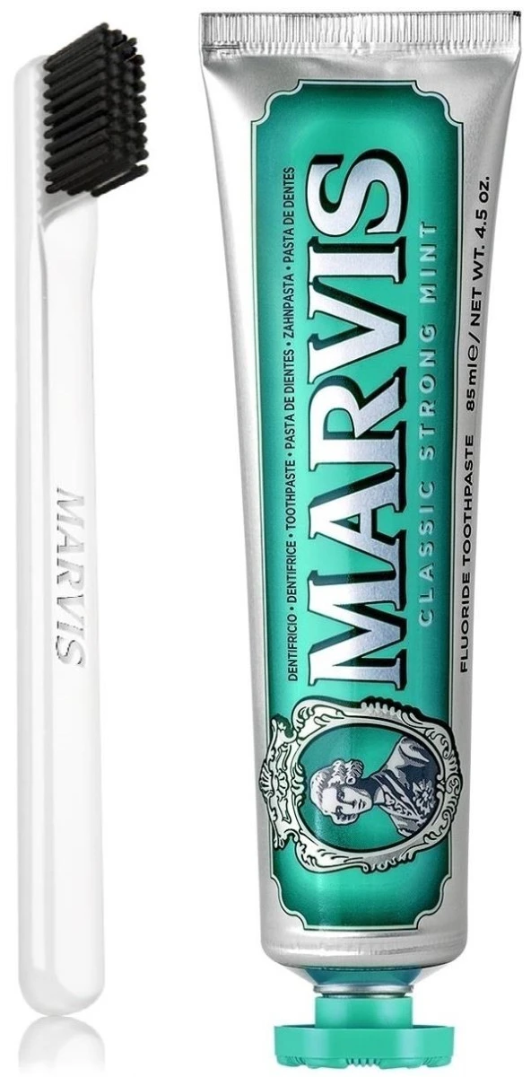 Marvis Classic Strong Mint Beyazlatıcı Diş Macunu 85 ml ve Marvis White Soft Diş Fırçası ürün görseli 1