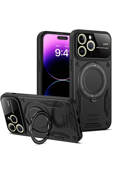 Newface Apple iPhone 15 Pro Kılıf Joy Lens Standlı Kapak - Siyah ürün görseli 1