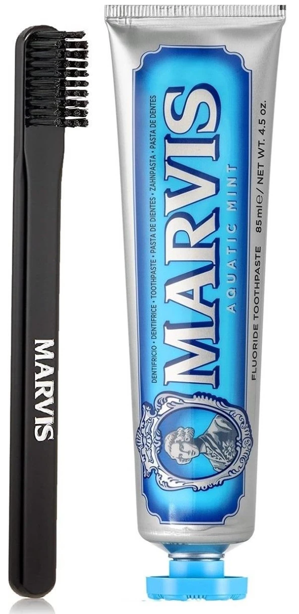 Marvis Aqua Mint Beyazlatıcı Diş Macunu 85 ml ve Marvis Black Orta Sert Diş Fırçası ürün görseli 1