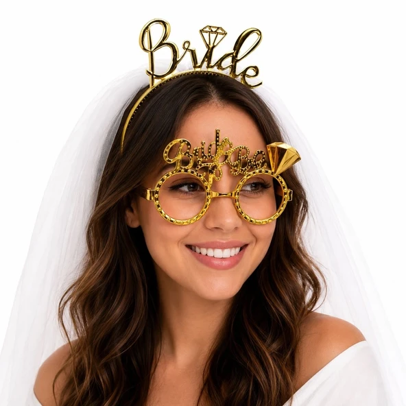 Bride Yazılı Gold Taç Parti Gözlüğü Seti ürün görseli 1