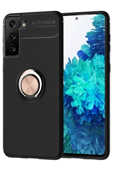 Newface Samsung Galaxy S21 Plus Kılıf Range Yüzüklü Silikon - Siyah-Gold ürün görseli 1