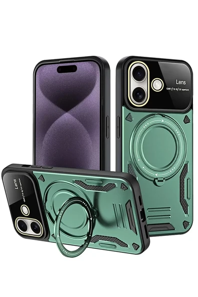 Newface Apple iPhone 16 Kılıf Joy Lens Standlı Kapak - Koyu Yeşil ürün görseli 1