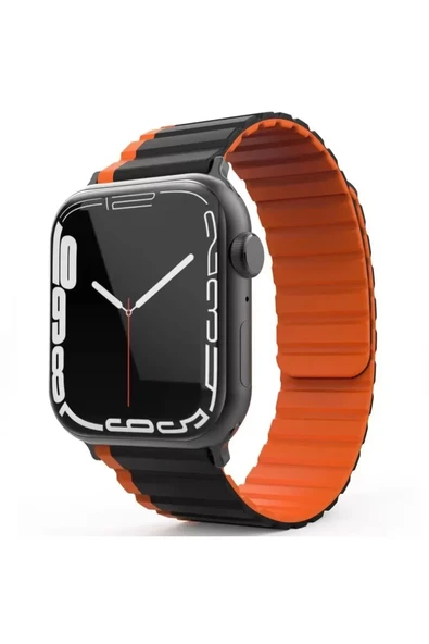 Movenchy Apple Watch 42mm MO-WB1 Çift Renk Mıknatıslı Silikon Kordon - Siyah-Turuncu ürün görseli 1