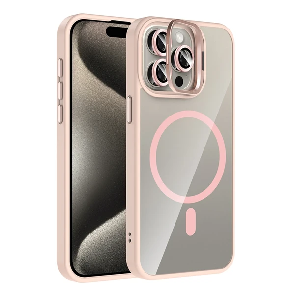 Apple iPhone 14 Pro Max Remim Lensli Magsafe Standlı Kapak - Pembe