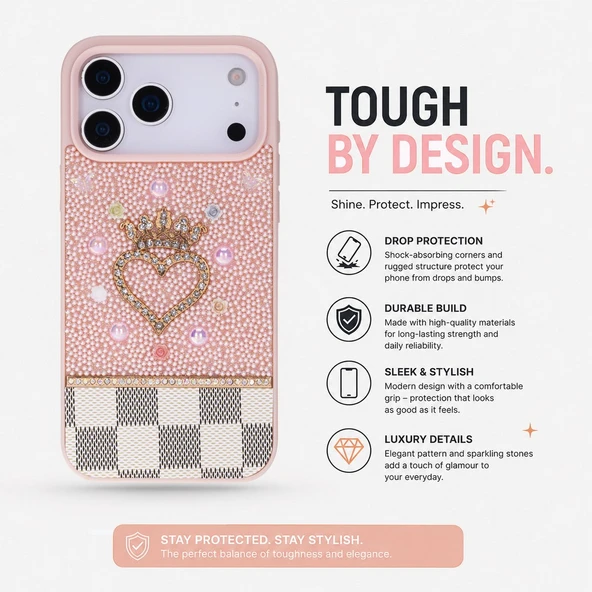Vissel iPhone 17 Pro Max Uyumlu Taşlı Kalp Detaylı Kılıf – Parlak Taşlı, Darbe Emici Koruma, Şık & Trend Telefon Kılıfı, Pembe ürün görseli 1
