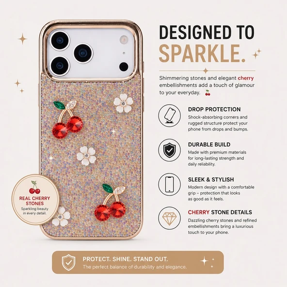Freya iPhone 17 Pro Max Uyumlu Taşlı Kılıf – Gold Çerçeveli, Kiraz Detaylı, Darbe Korumalı Şeffaf Lüks Telefon Kılıfı ürün görseli 1