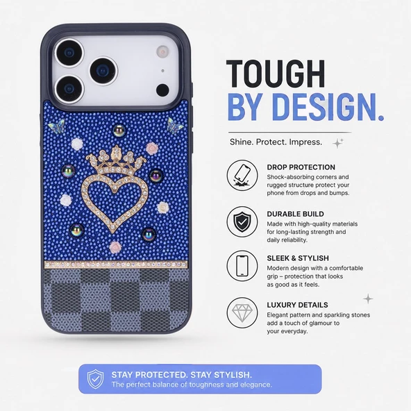 Vissel iPhone 17 Pro Max Uyumlu Taşlı Kalp Detaylı Kılıf – Parlak Taşlı, Darbe Emici Koruma, Şık & Trend Telefon Kılıfı, Mavi ürün görseli 1