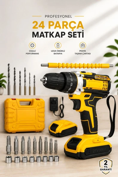 24 Parça Çift Bataryalı Şarjlı Matkap Seti 24w Motor Ve Otomatik Mil Kilitli Tasarım ürün görseli 1