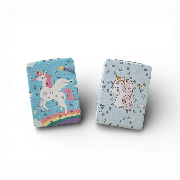 Kadın İkili Cep Aynası Gökkuşağı ve Unicorn Tasarımlı ürün görseli 1