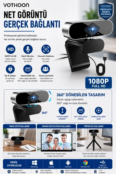 Webcam Orjınal 1080p Hd Konferans Kamera Dahili Mikrofon Görüntülü Sohbet Yayın Kamerası Hd Video Ae-104 ürün görseli 1