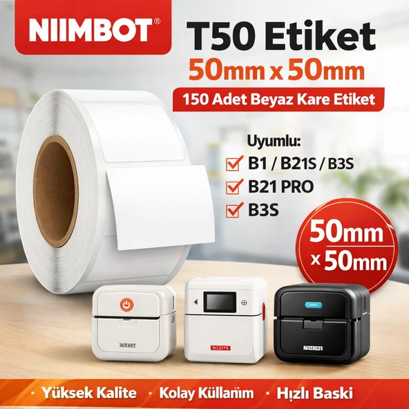 Niimbot T50 Etiket 50Mm X 50Mm (Tek Kolonda 1Li) 150 Adet Beyaz Kare (B1, B21S, B3S, B21 Pro) ürün görseli 1