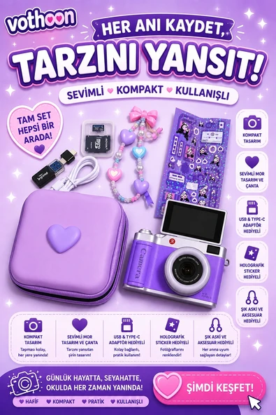 4k Çantalı Dijital Retro Video Kamera 48mp 16x Zoom Işıklı (32gb) Kart Dijital Fotoğraf Makinesi Mor ürün görseli 1