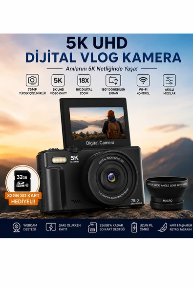 5k 75mp 18x Zoom Flaşlı 3” Flip Ekranlı Türkçe 32gb Kart Dijital Vlog Fotoğraf Makinesi Lens Hediyeli ürün görseli 1