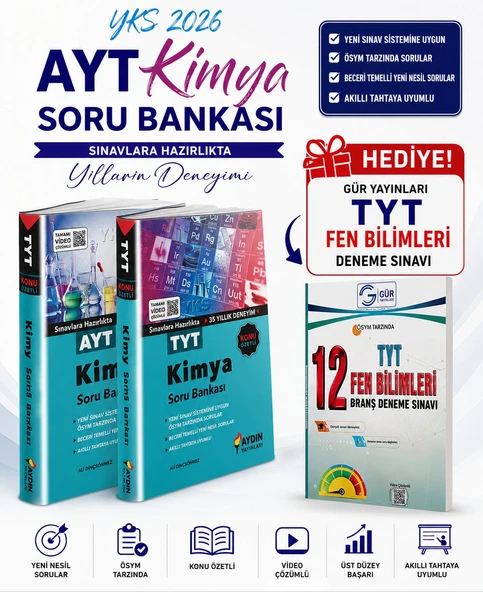 AYDIN YAYINLARI TYT-AYT KİMYA SORU BANKASI SET-GÜR YAYINLARI TYT FEN BLİMLERİ DENEME HEDİYE!! ürün görseli 1