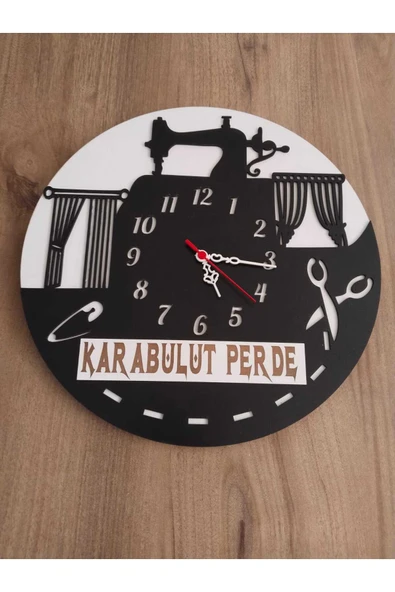 perde**temalı (perdeci iş yerine özel) kişiye özel isim Yazılı DUVAR SAATİ MRC HEDİYE SEPETİ no:1139 ürün görseli 1